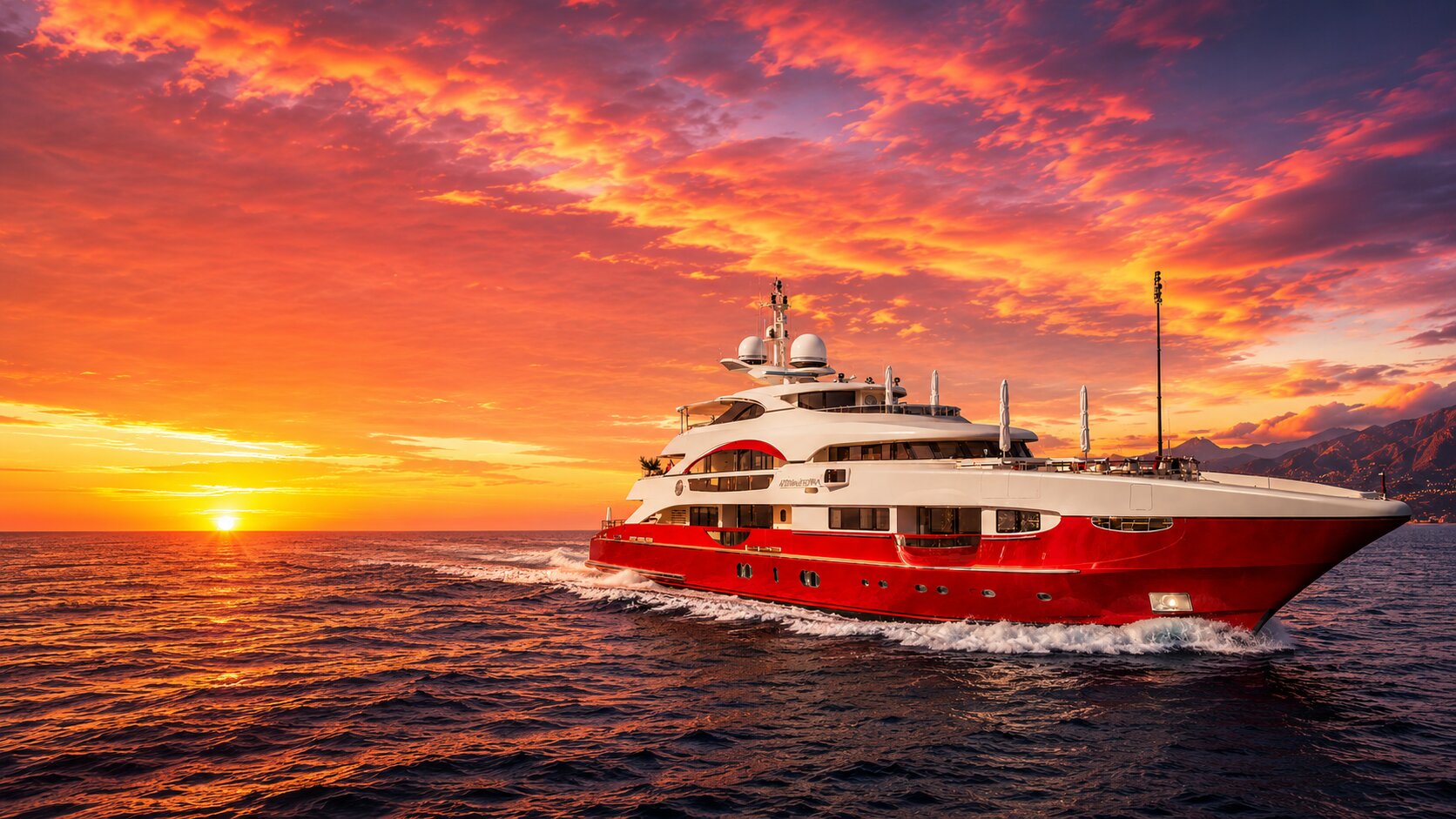 A red luxury yacht at sunset