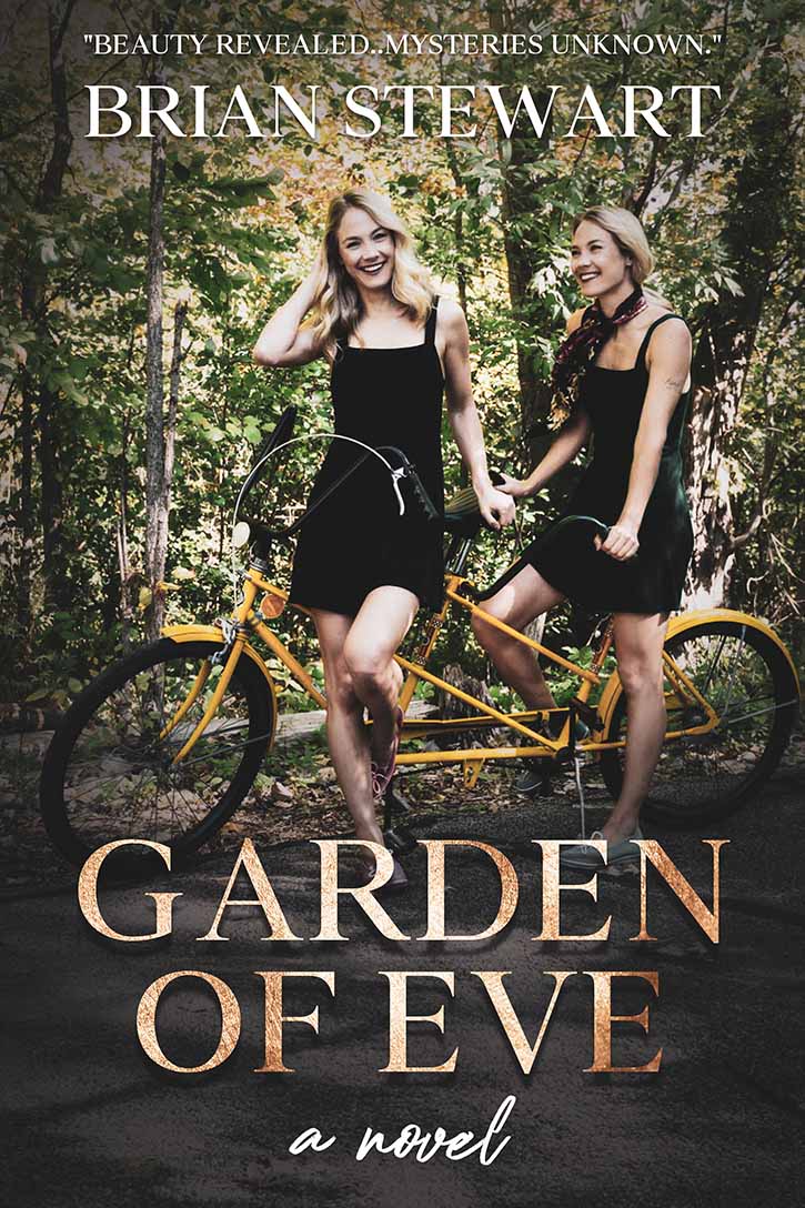 Book Cover for Garden of Eve featuring Twin Sisters on a twin bicycle.