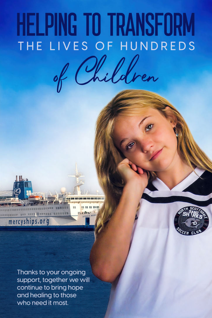 Mercy Ships Boat in background with Young Girl in Foreground