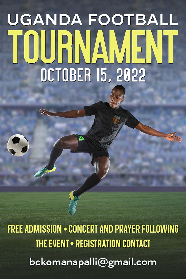 Poster showing Ugandan Footballer kicking a ball with words Uganda Football Tournament - October 15, 2022